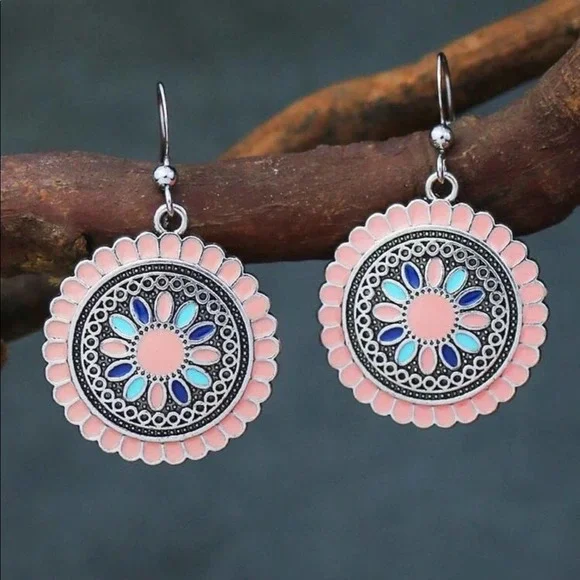 1 LEFT! Bohemian Round Flower Drop Dangle Earrings - Picture 2 of 3